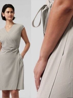 Athleta Cap-Sleeve Wrap Midi Dress in Light Gray Stripe